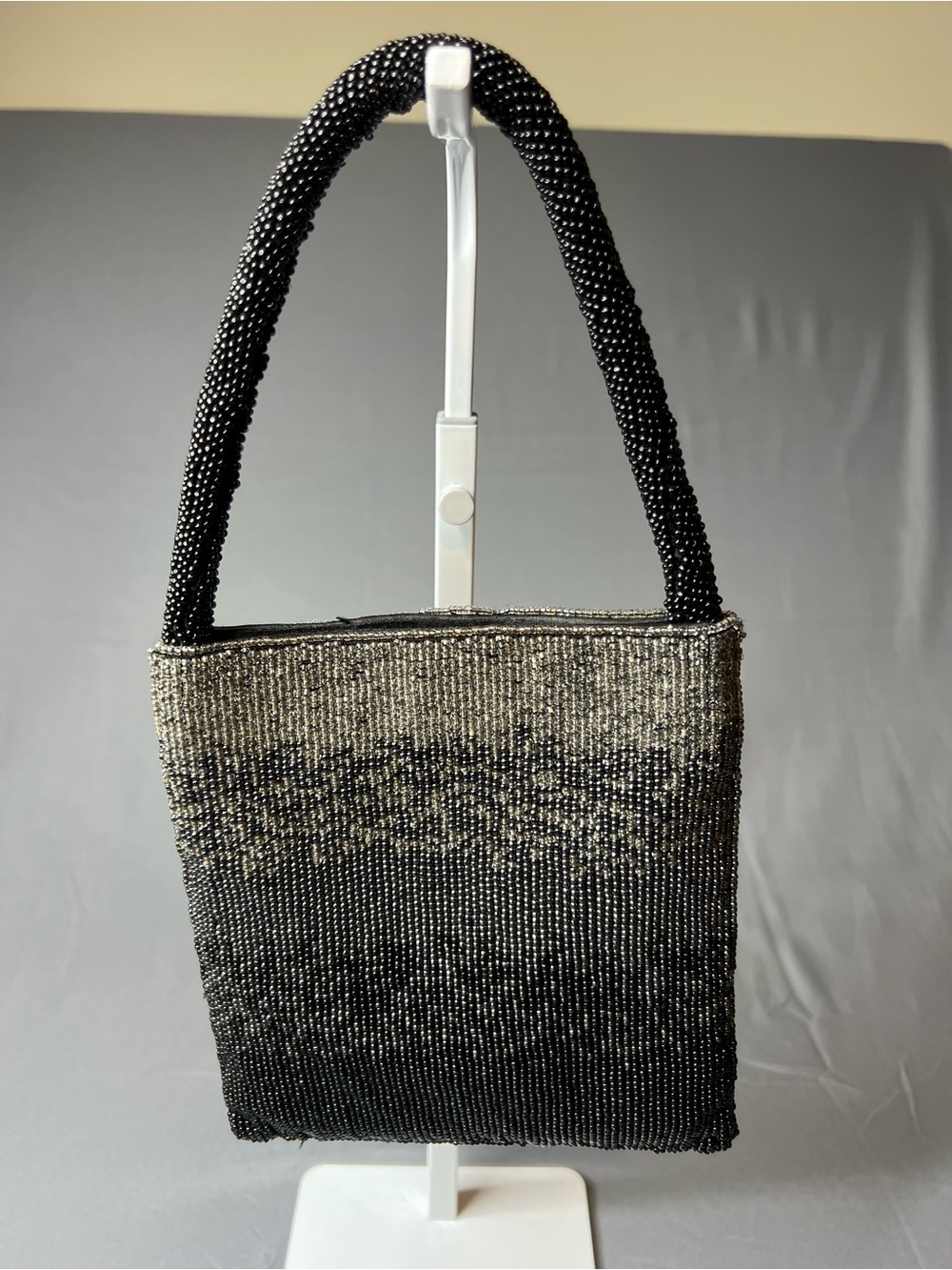 Vintage Black & Silver Fully Beaded Mini Evening Purse Handbag 6x6